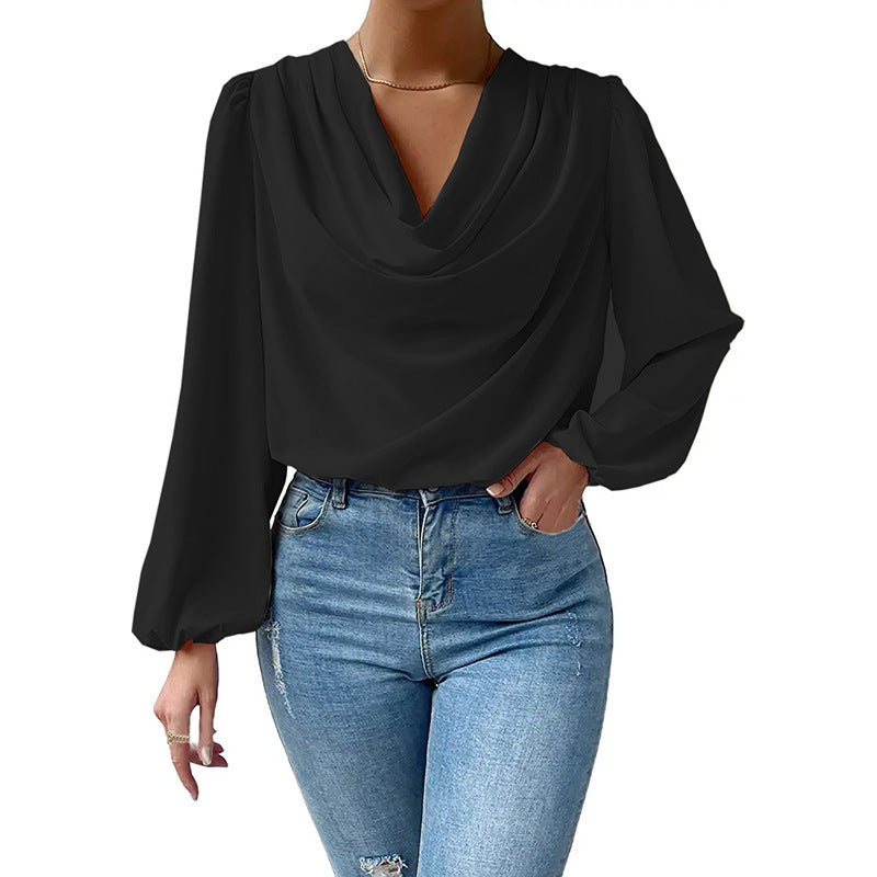 Damen elegante Bluse mit asymmetrischem Halsansatz und langen Ärmeln R&B