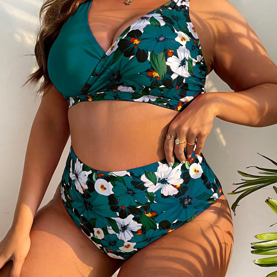 Damen nan Bikini-Set große Größen mit geformtem BH, V-Ausschnitt und hochgeschnittenem Taillenslip R&B