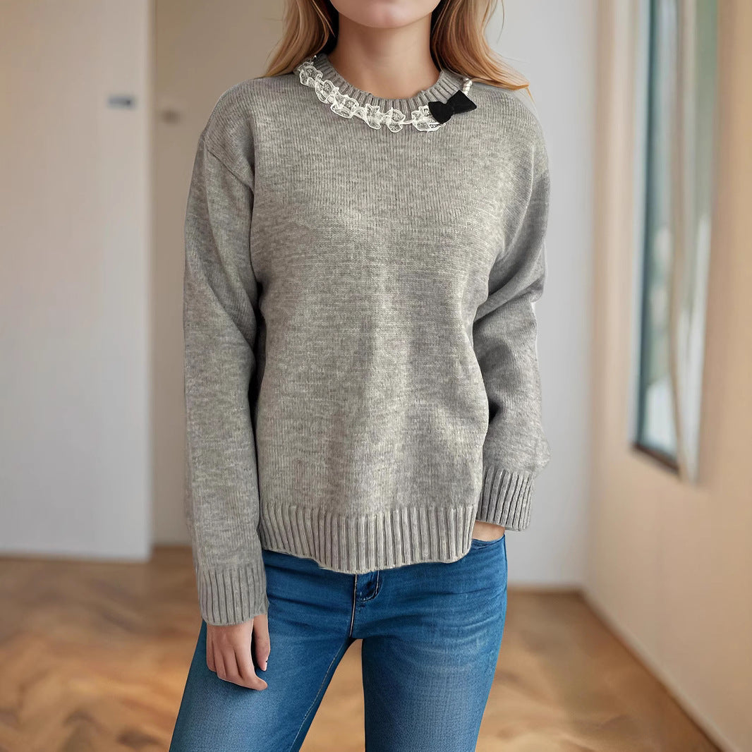Damen lässiger Pullover mit dekorativem Kragen R&B