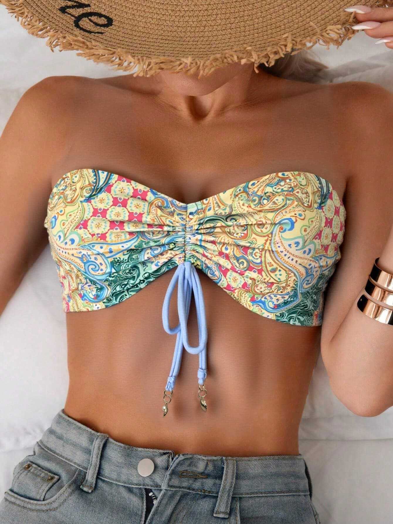 Damen Bandeau-Bikini-Oberteil mit verspieltem Muster R&B