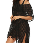 Damen transparenter Strandüberwurf mit trendy Quasten R&B