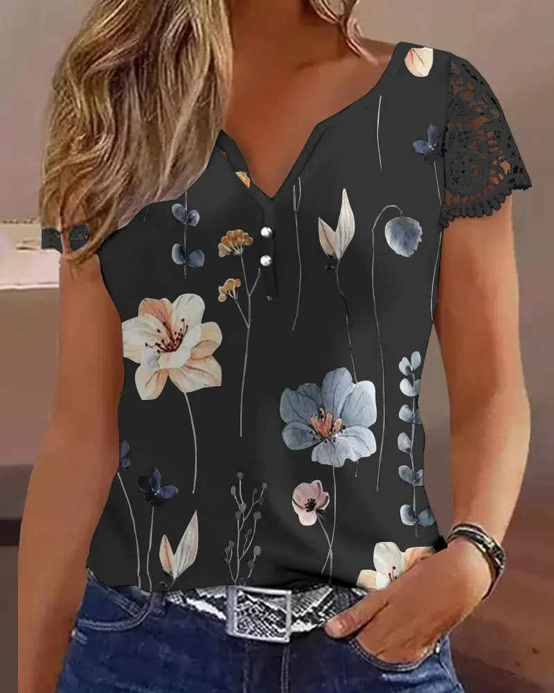 Damen Kurzarmbluse mit Spitze und floralen Akzenten R&B