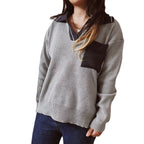 Damen lässiger V-Ausschnitt Pullover mit strukturiertem Rippdesign und kontrastierendem Kragen R&B