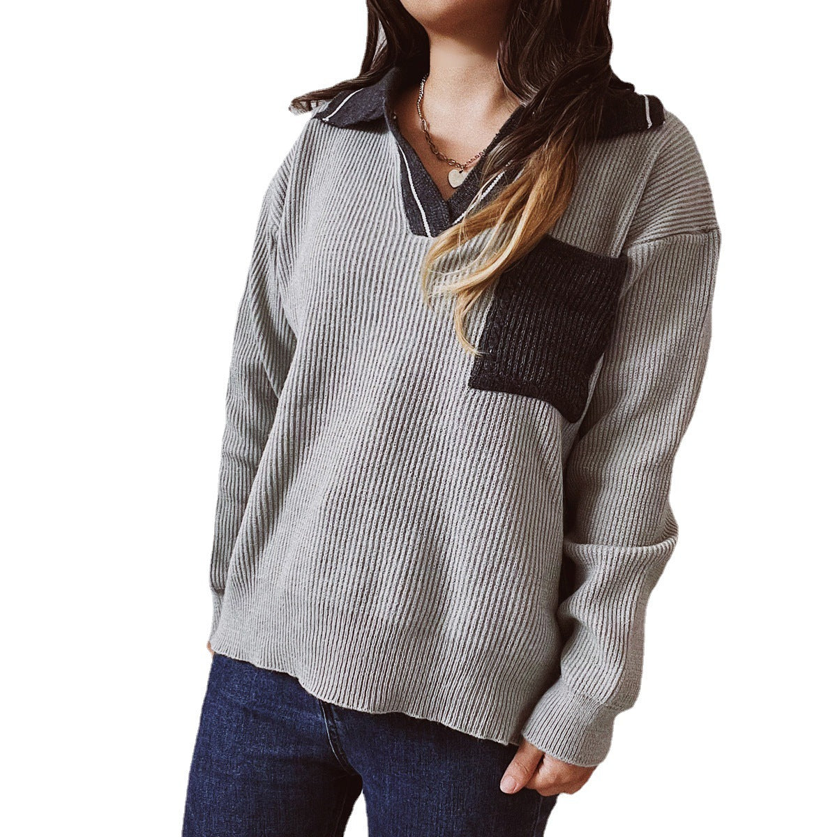 Damen lässiger V-Ausschnitt Pullover mit strukturiertem Rippdesign und kontrastierendem Kragen R&B