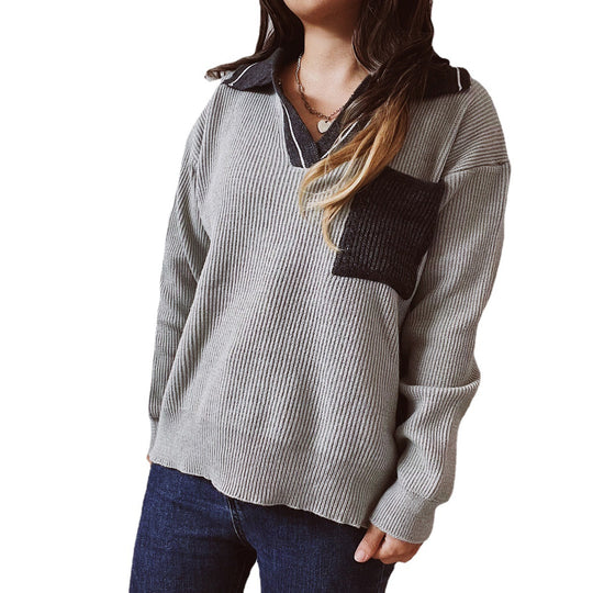 Damen lässiger V-Ausschnitt Pullover mit strukturiertem Rippdesign und kontrastierendem Kragen R&B