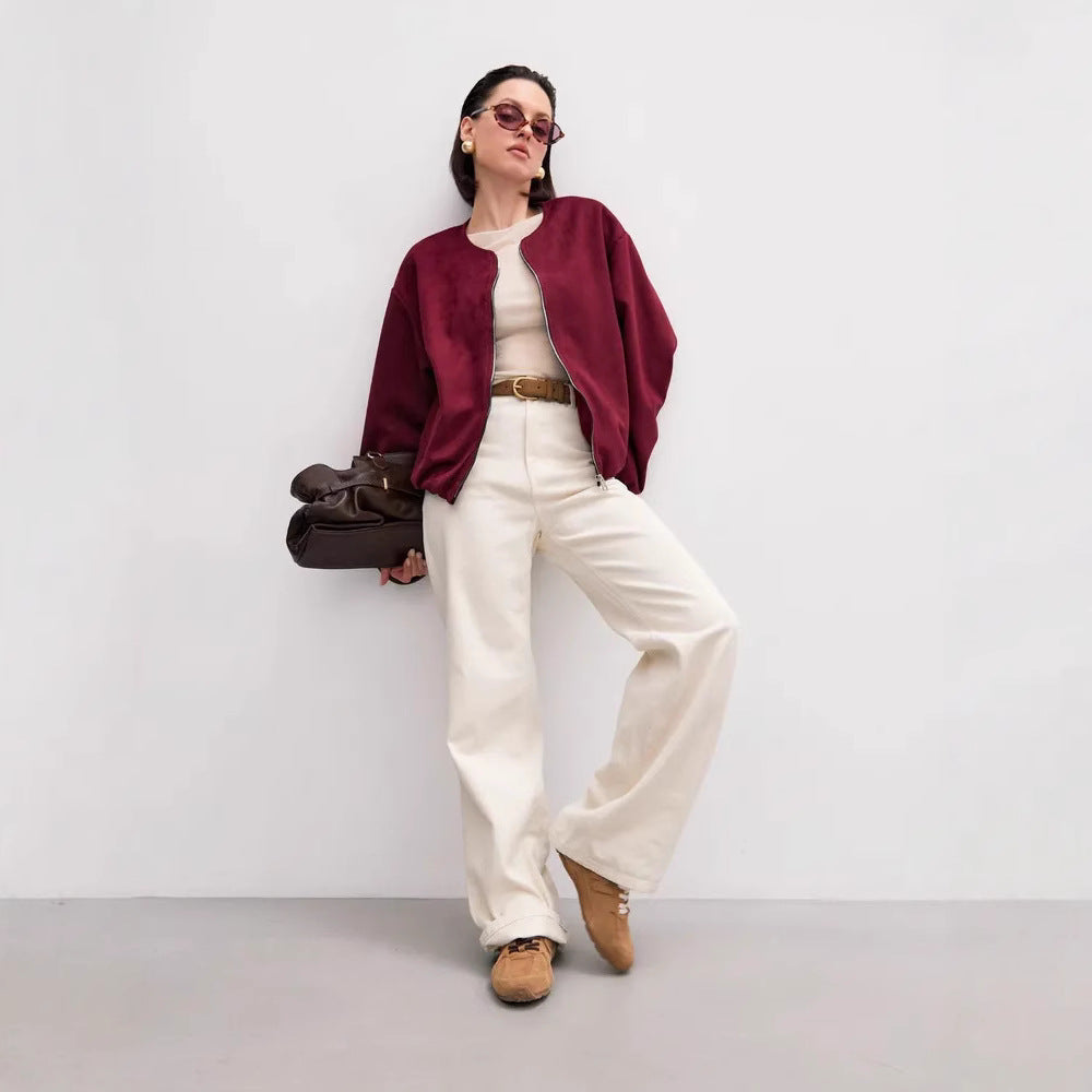 Damen weiche Oversized-Sweatjacke mit modernem Reißverschluss und seitlichen Eingrifftaschen R&B