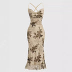 Damen körperbetontes Maxikleid mit floralem Design und Spaghettiträgern