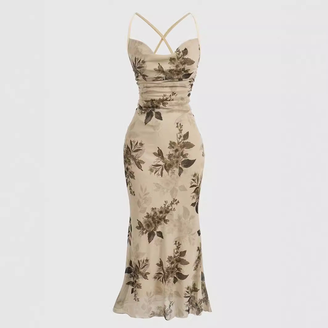 Damen körperbetontes Maxikleid mit floralem Design und Spaghettiträgern