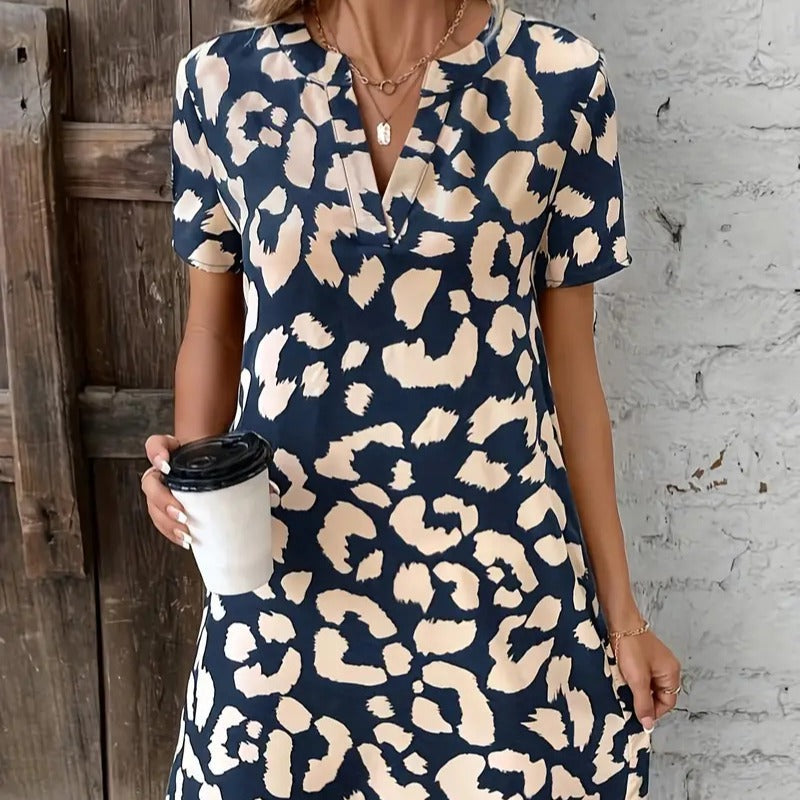 Damen Freizeitkleid im modernen Leopardenmuster mit modischem Kragen R&B