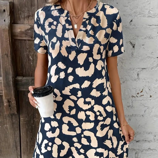 Damen Freizeitkleid im modernen Leopardenmuster mit modischem Kragen R&B