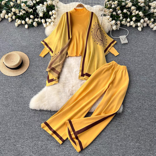 Damen lässiges Strickensemble mit langen Ärmeln und weitem Bein R&B