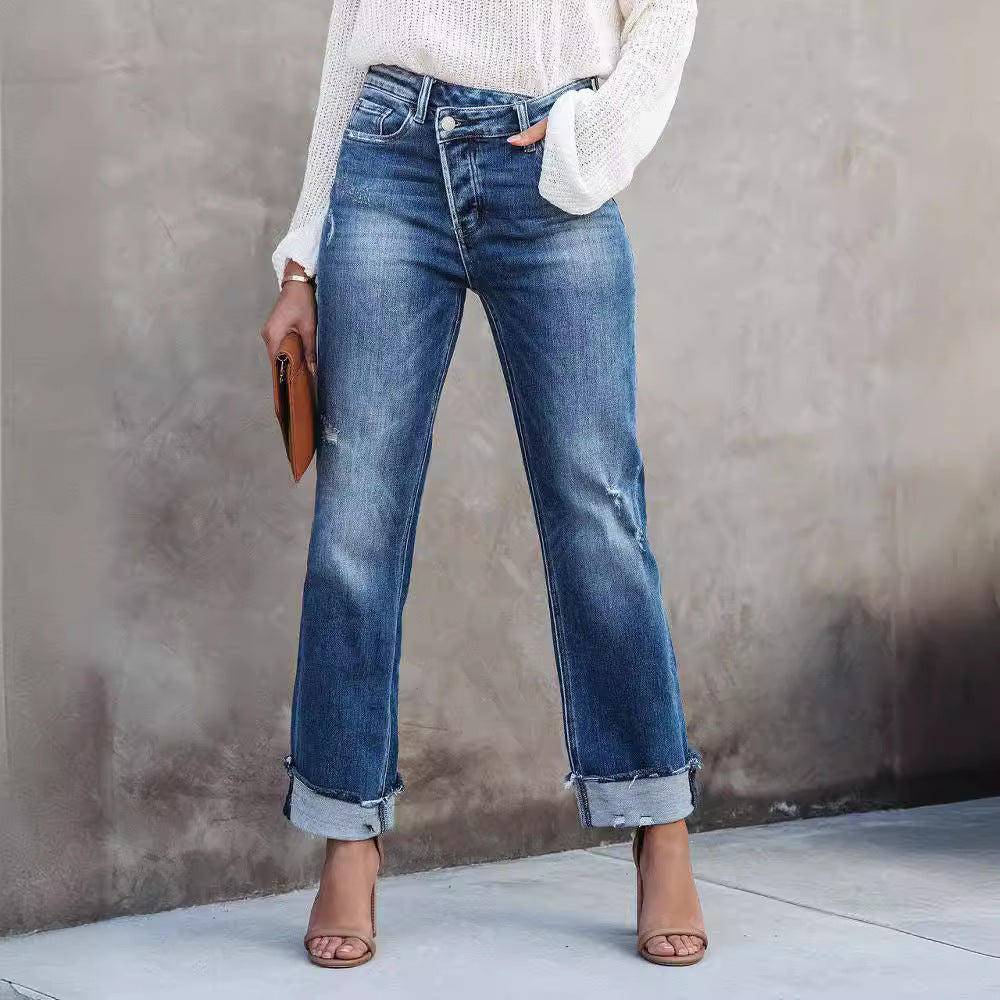 Damen lässige Flared Jeans mit modischen Fransen und hohem Bund R&B