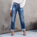 Damen lässige Flared Jeans mit modischen Fransen und hohem Bund