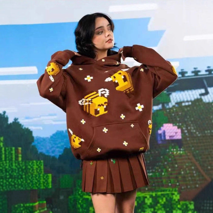 Unisex nan Kapuzenpullover mit eingestricktem Pixel-Bienenmotiv und aufgesetzter Kängurutasche R&B