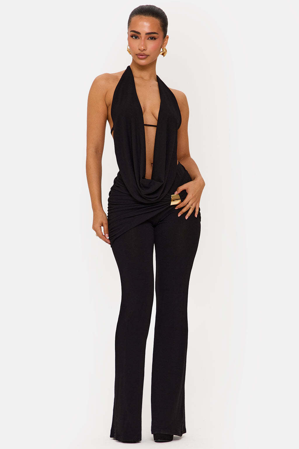 Damen Eleganter Jumpsuit mit doppeltem Kragen und trendiger Raffung R&B