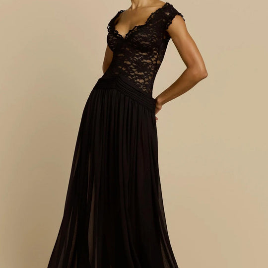 Damen Elegantes Spitzenmaxikleid mit fließendem Rock R&B