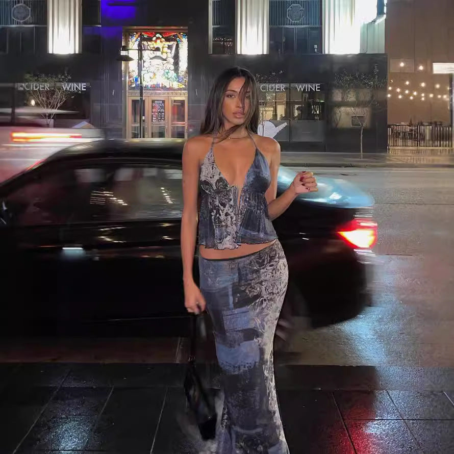 Damen sommerliches Set aus Top und langem Rock mit verführerischem Design R&B