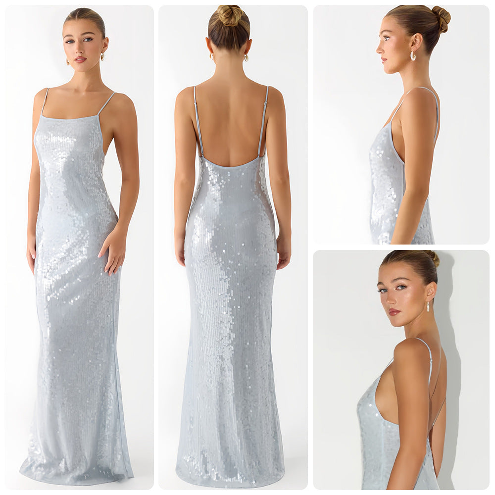 Damen Glamouröses Pailletten-Maxikleid mit schmalem Schnitt und feinen Spaghettiträgern R&B