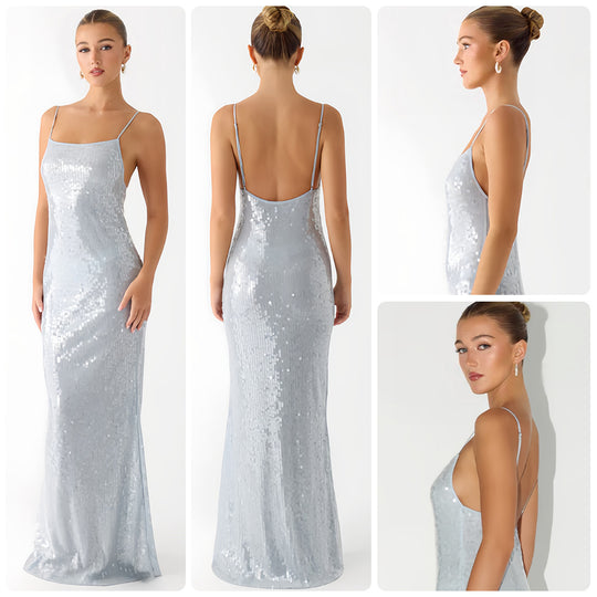 Damen Glamouröses Pailletten-Maxikleid mit schmalem Schnitt und feinen Spaghettiträgern R&B
