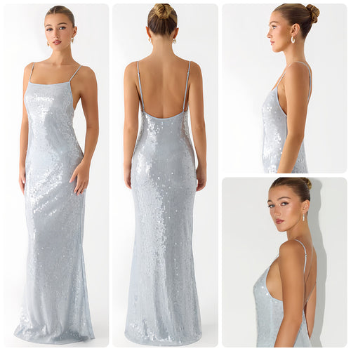 Damen Glamouröses Pailletten-Maxikleid mit schmalem Schnitt und feinen Spaghettiträgern R&B