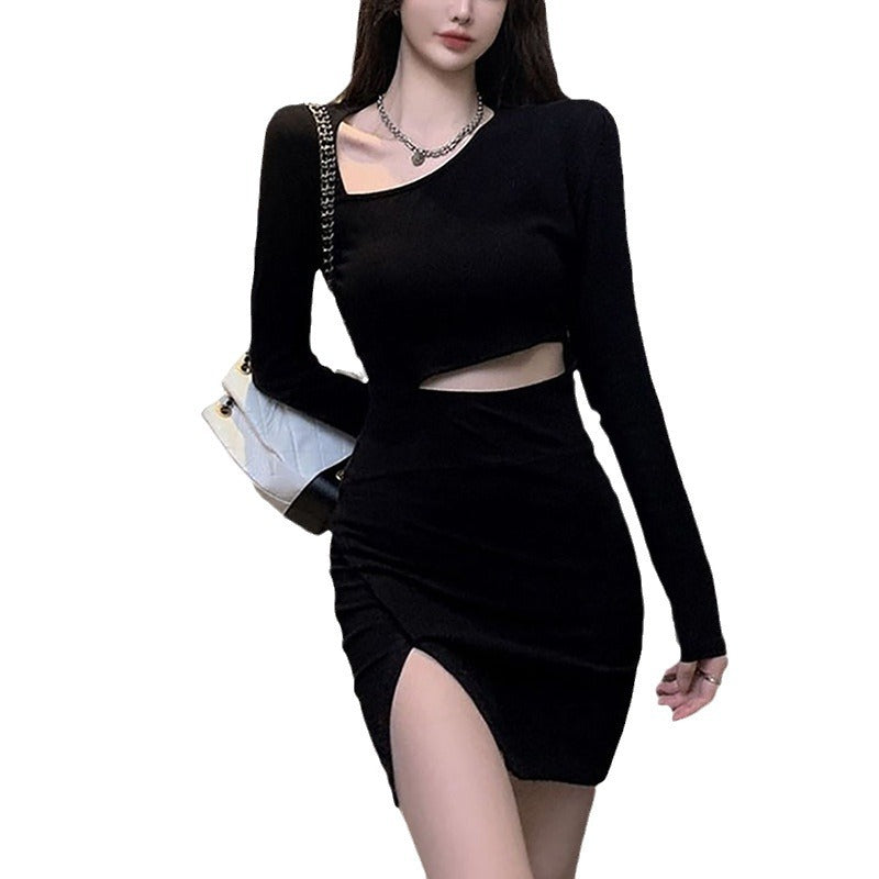 Damen Kleid mit asymmetrischem Ausschnitt und seitlichem Schlitz
