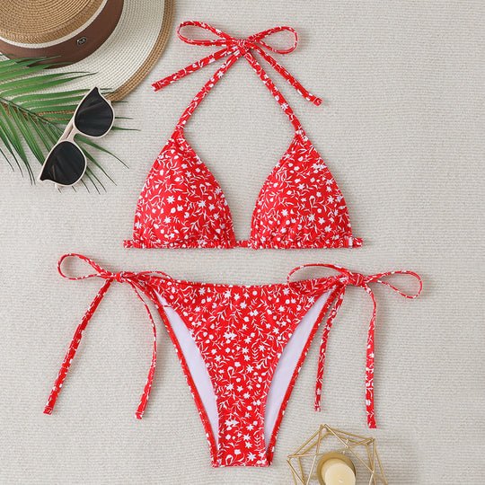 Damen Triangel-Bikini-Set mit buntem Blumenmuster und verstellbaren Trägern R&B