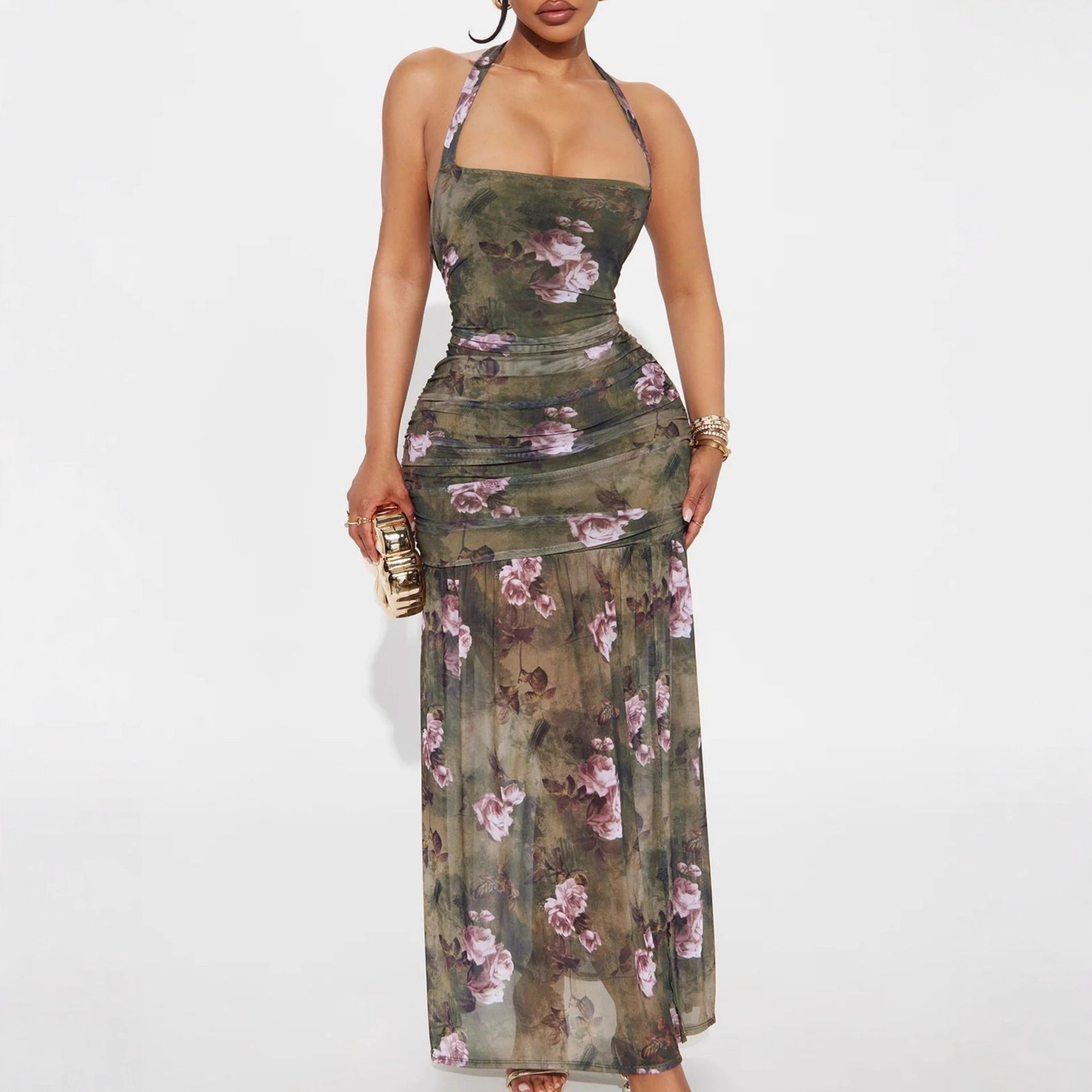 Damen Schulterfreies Maxikleid mit elastischen Rüschendetails R&B