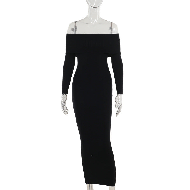 Damen schulterfreies Maxikleid mit langem Arm und elegantem Schnitt R&B