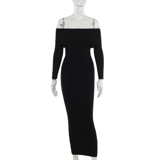 Damen schulterfreies Maxikleid mit langem Arm und elegantem Schnitt R&B