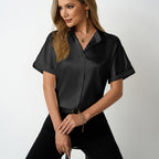 Damen elegante Satinbluse mit klassischem Kragen und umgeschlagenen Ärmeln R&B