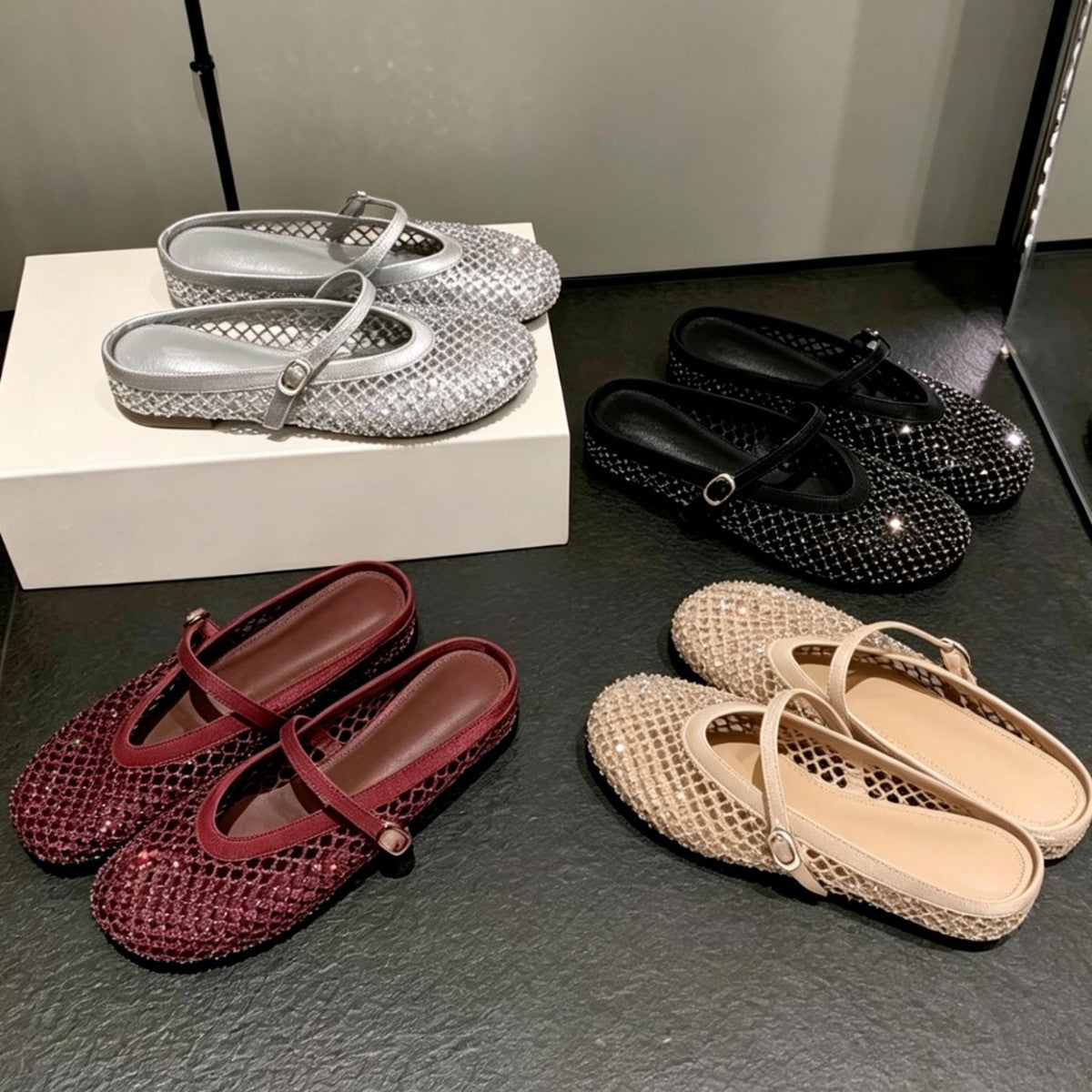 Damen eleganten Ballerinas mit modischem Netzdesign und funkelnden Details R&B
