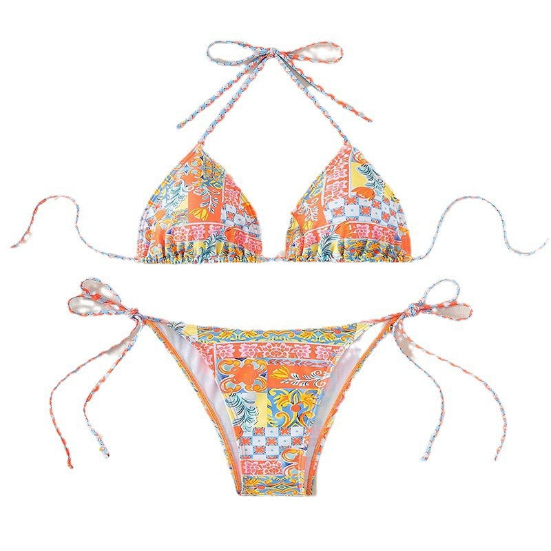 Damen Triangel-Bikini-Set mit verspielt floralem Muster und verstellbaren BindR&Bändern R&B