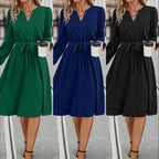 Damen Kleid mit V-Ausschnitt, Taillengürtel und eleganten langen Ärmeln R&B