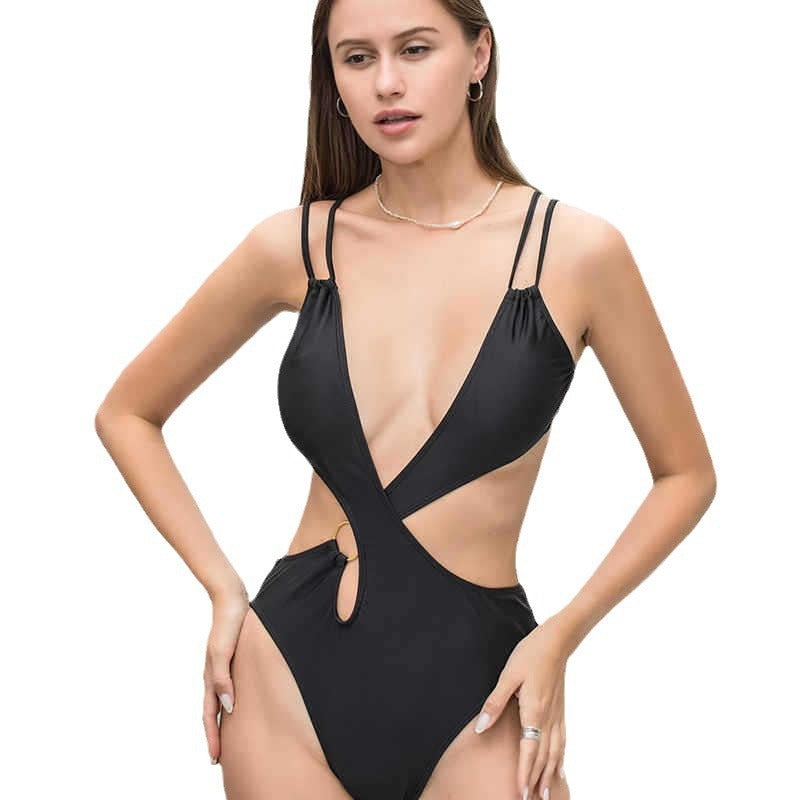 Damen Modischer Einteiler Badeanzug mit tiefem V-Ausschnitt und Cut-Out-Design R&B