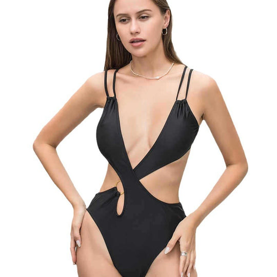 Damen Modischer Einteiler Badeanzug mit tiefem V-Ausschnitt und Cut-Out-Design R&B