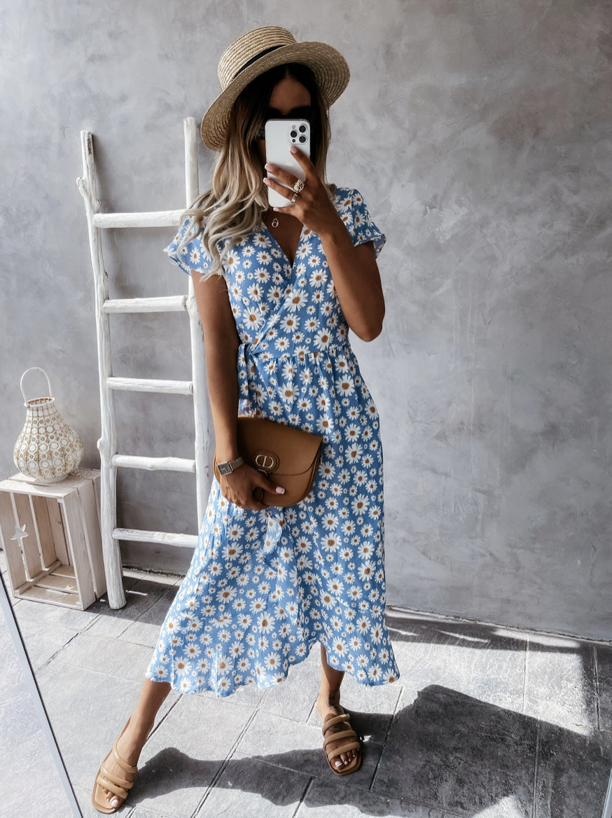 Damen florales Wickelkleid mit kurzem Ärmel und schwingendem Rock R&B