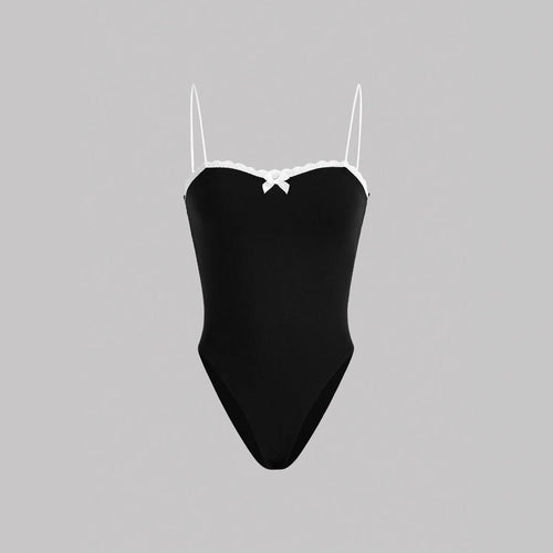 Damen eleganter Badeanzug mit Spitzenrand und Trägern R&B