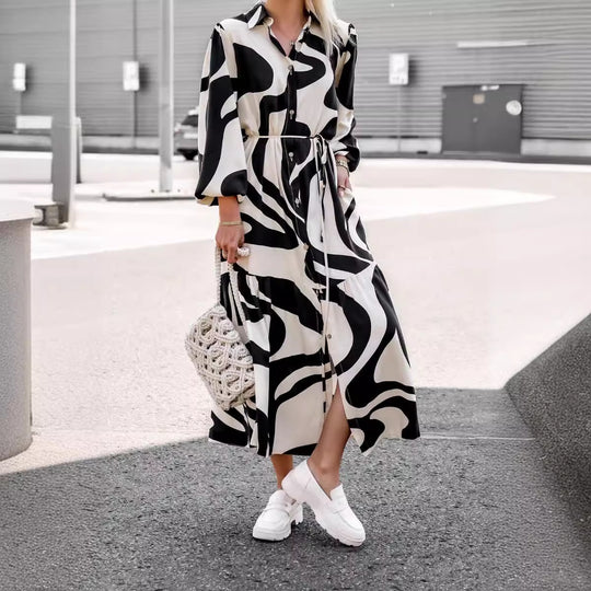Damen Maxikleid mit modernem Muster und praktischem Taillengürtel R&B
