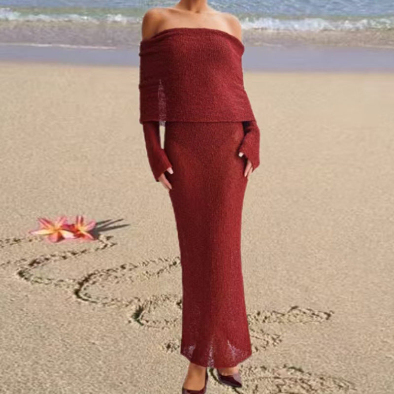 Damen Off-Shoulder Maxikleid mit langem Arm und elegantem Stoff R&B