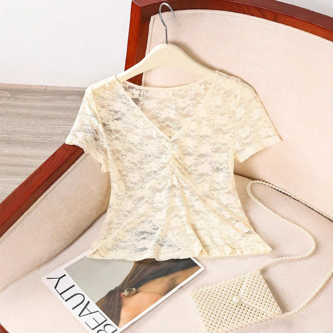 Damen Spitze Oberteil mit V-Ausschnitt und gerafftem Design R&B