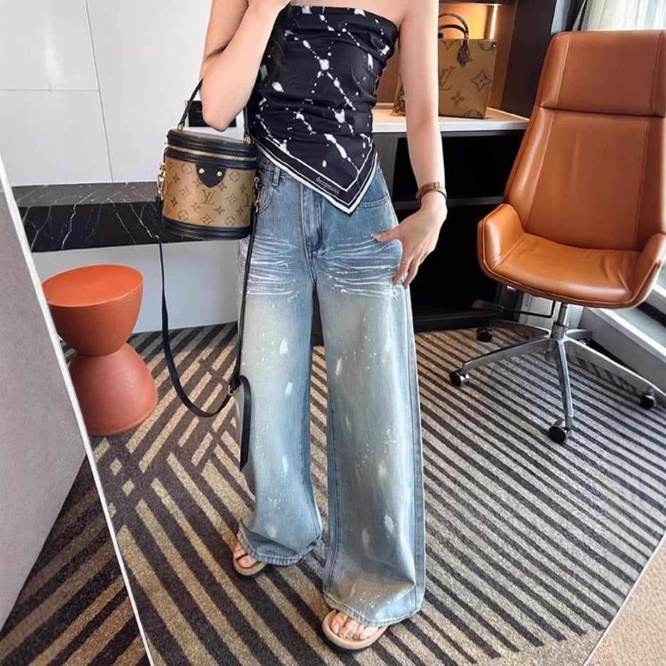 Damen Weite High-Waist Jeans mit modischem Waschdesign R&B