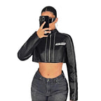 Damen cropped Kunstlederjacke mit sportlichen Zierelementen R&B