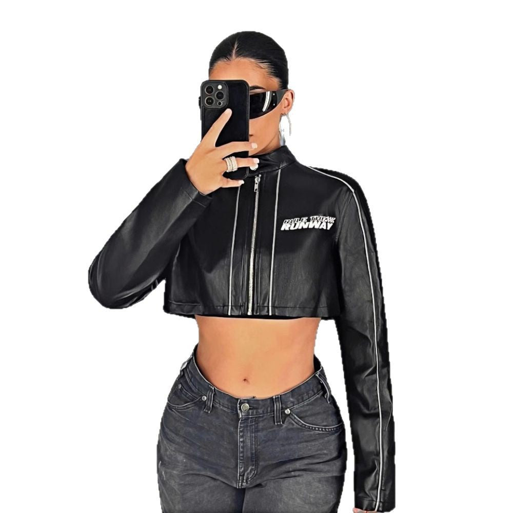 Damen cropped Kunstlederjacke mit sportlichen Zierelementen R&B