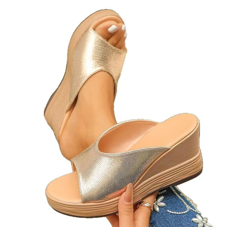 Damen Wedge-Sandalen mit offener Zehenpartie und schimmerndem Obermaterial R&B