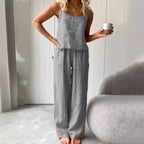 Damen lässiges Leinen-Set mit trägerloser Bluse und weiten Hosen R&B
