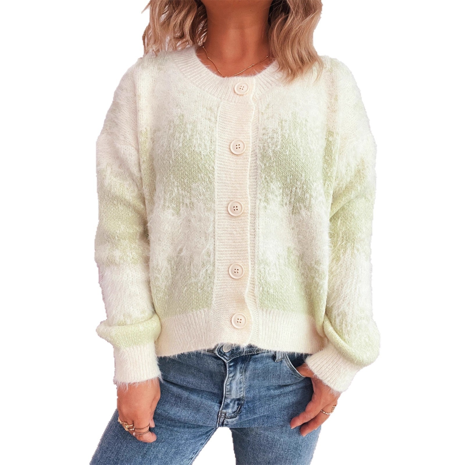 Damen kuschelige Strickjacke mit modischem Knopfdesign und weichem Material R&B
