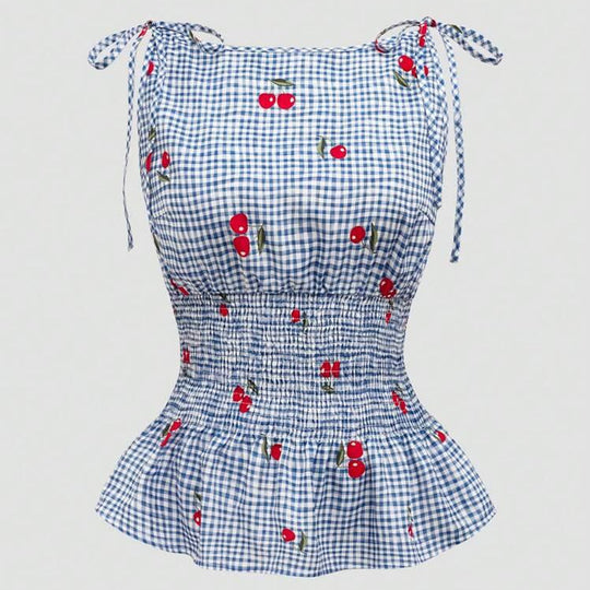 Damen Bluse mit floralem Karo-Muster und Rüschensaum R&B