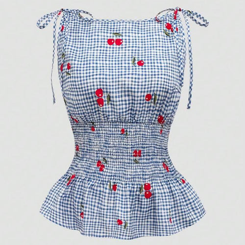 Damen Bluse mit floralem Karo-Muster und Rüschensaum R&B