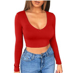Damen modisches Crop-Top mit tiefem V-Ausschnitt und langen Ärmeln