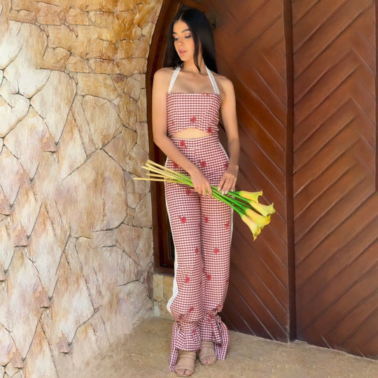 Damen Zweiteiliges Set mit charmantem Karomuster und verspieltem Cut-Out R&B